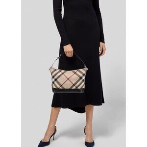 Pre-owned Burberry Nova Check Coated Canvas Leather Baguette Shoulder Bag Beige